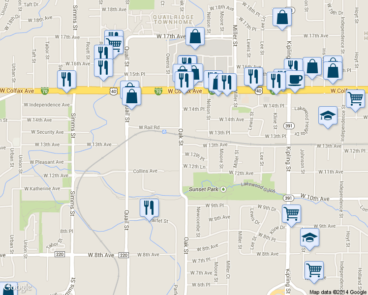 map of restaurants, bars, coffee shops, grocery stores, and more near 10764 West 13th Avenue in Lakewood