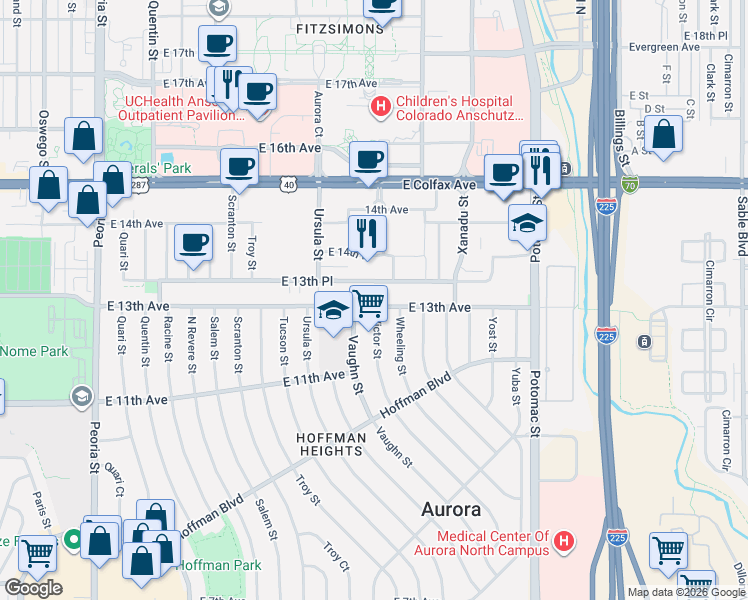 map of restaurants, bars, coffee shops, grocery stores, and more near 13285 East 13th Avenue in Aurora