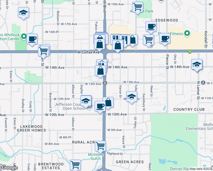 map of restaurants, bars, coffee shops, grocery stores, and more near in Lakewood