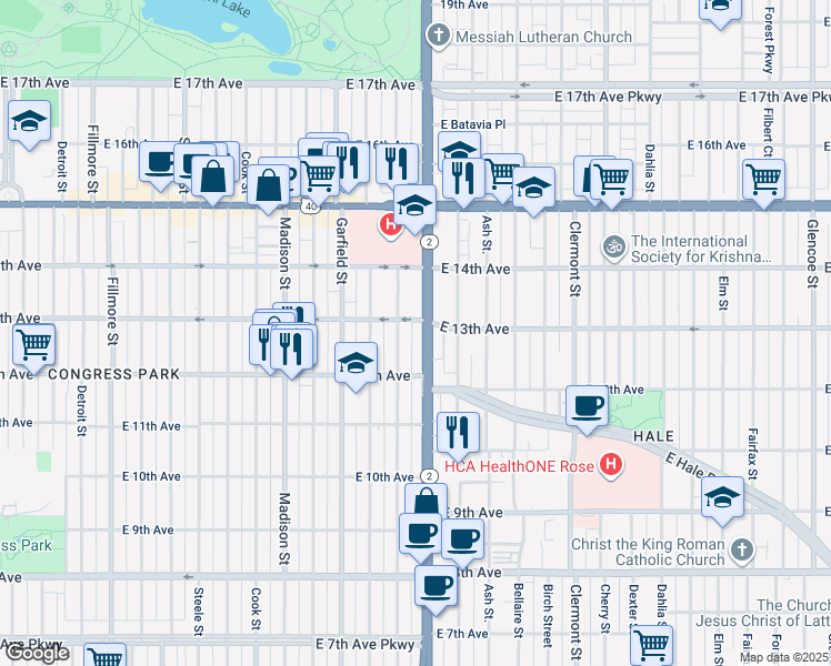 map of restaurants, bars, coffee shops, grocery stores, and more near 1268 Harrison Street in Denver
