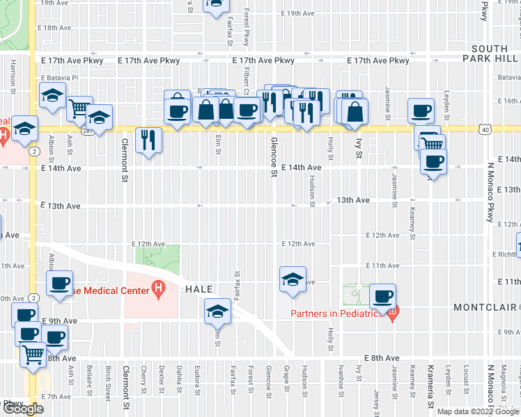map of restaurants, bars, coffee shops, grocery stores, and more near 1292 Forest Street in Denver