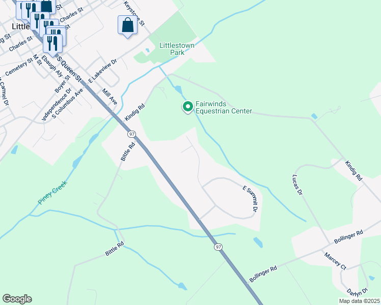 map of restaurants, bars, coffee shops, grocery stores, and more near 6 Brentwood Court in Littlestown