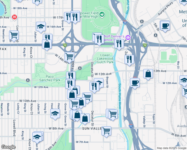 map of restaurants, bars, coffee shops, grocery stores, and more near 2728 West 13th Avenue in Denver