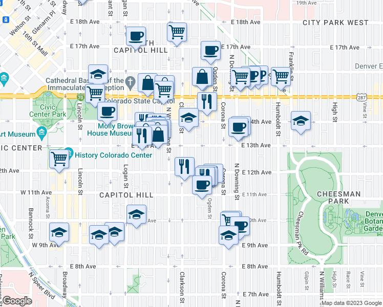 map of restaurants, bars, coffee shops, grocery stores, and more near 1265 Emerson Street in Denver
