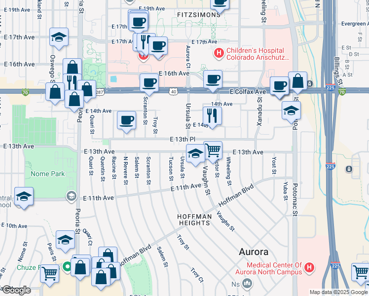 map of restaurants, bars, coffee shops, grocery stores, and more near 13005 East 13th Avenue in Aurora