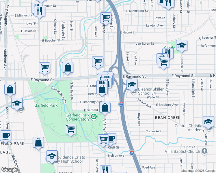 map of restaurants, bars, coffee shops, grocery stores, and more near 2235 Shelby Street in Indianapolis