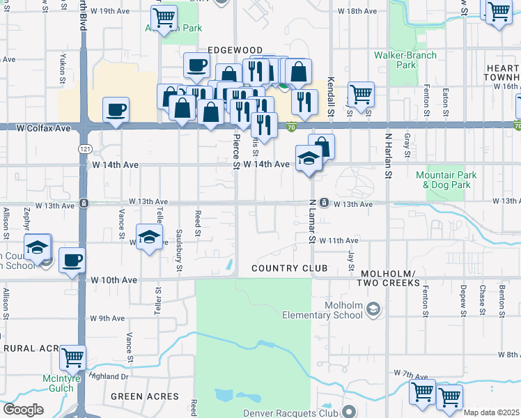 map of restaurants, bars, coffee shops, grocery stores, and more near 1290 Otis Street in Lakewood