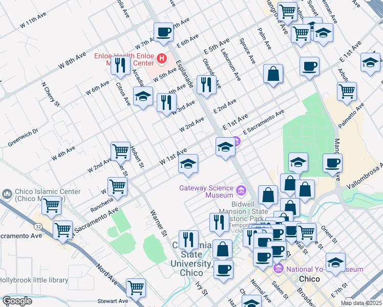 map of restaurants, bars, coffee shops, grocery stores, and more near 229 West 1st Avenue in Chico