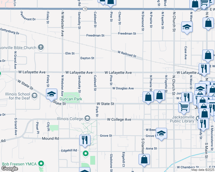 map of restaurants, bars, coffee shops, grocery stores, and more near 900-938 West Douglas Avenue in Jacksonville