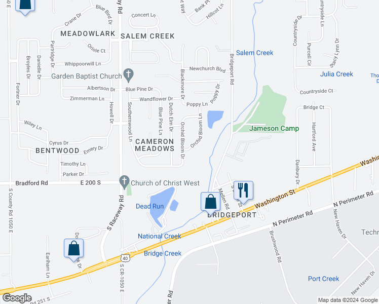 map of restaurants, bars, coffee shops, grocery stores, and more near 2049 Orchid Bloom Lane in Indianapolis