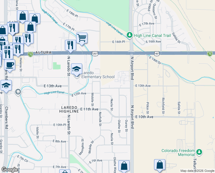 map of restaurants, bars, coffee shops, grocery stores, and more near 16607 East 13th Avenue in Aurora