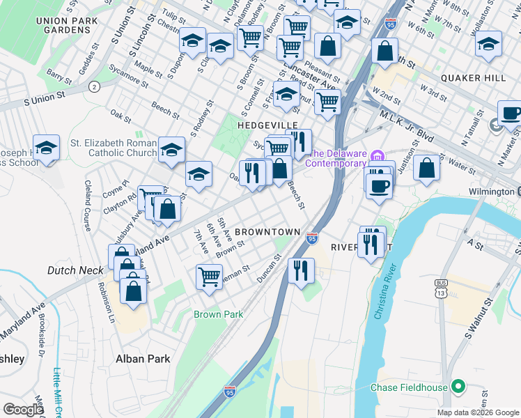 map of restaurants, bars, coffee shops, grocery stores, and more near 807 Anchorage Street in Wilmington