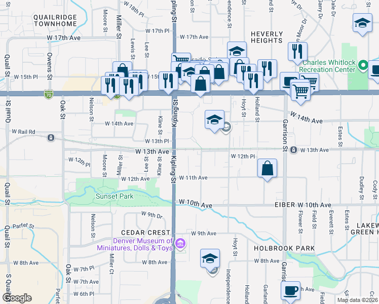 map of restaurants, bars, coffee shops, grocery stores, and more near 1190 Johnson Street in Lakewood