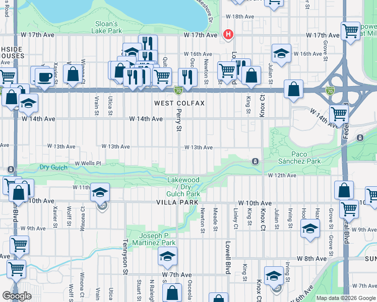 map of restaurants, bars, coffee shops, grocery stores, and more near 3978 West 13th Avenue in Denver