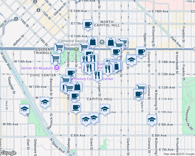 map of restaurants, bars, coffee shops, grocery stores, and more near 1269 Logan Street in Denver