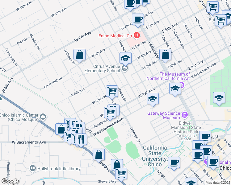 map of restaurants, bars, coffee shops, grocery stores, and more near 521 West 2nd Avenue in Chico