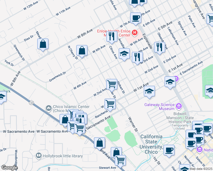 map of restaurants, bars, coffee shops, grocery stores, and more near 1207 Warner Street in Chico