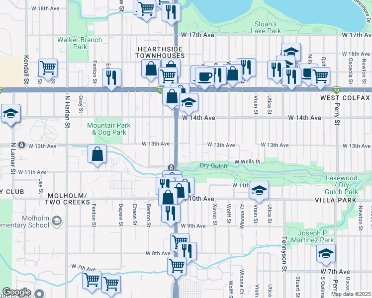 map of restaurants, bars, coffee shops, grocery stores, and more near 1289 Zenobia Street in Denver