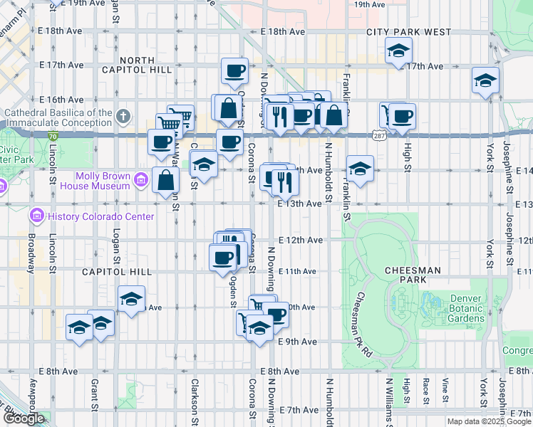 map of restaurants, bars, coffee shops, grocery stores, and more near 1265 North Downing Street in Denver
