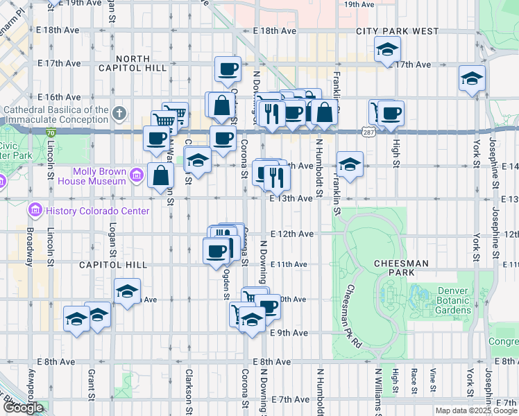 map of restaurants, bars, coffee shops, grocery stores, and more near 1265 Downing Street in Denver