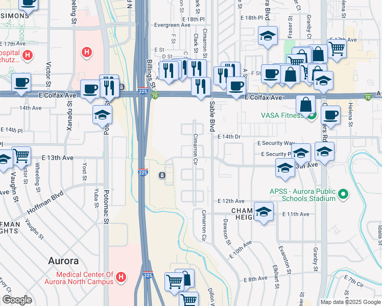 map of restaurants, bars, coffee shops, grocery stores, and more near 35 The Meadows in Aurora