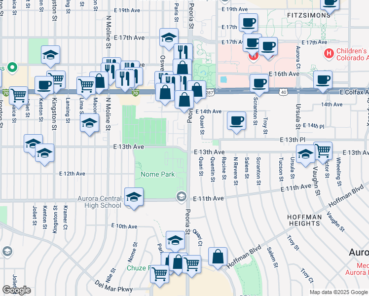 map of restaurants, bars, coffee shops, grocery stores, and more near in Aurora