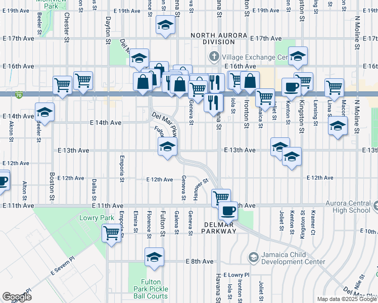 map of restaurants, bars, coffee shops, grocery stores, and more near 1300 Geneva Street in Aurora