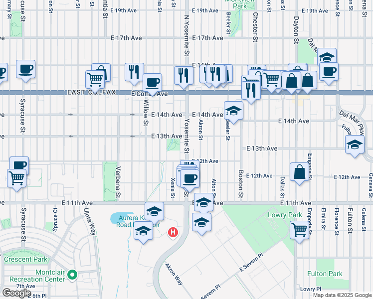 map of restaurants, bars, coffee shops, grocery stores, and more near 1260 Yosemite Street in Denver