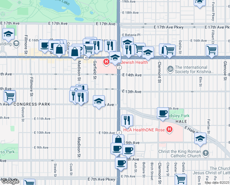 map of restaurants, bars, coffee shops, grocery stores, and more near 1268 Harrison Street in Denver