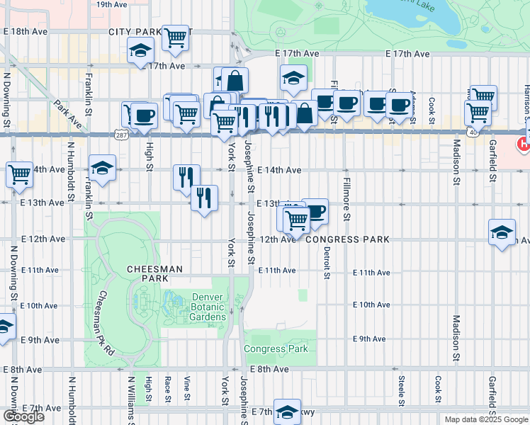 map of restaurants, bars, coffee shops, grocery stores, and more near 1269 Columbine Street in Denver