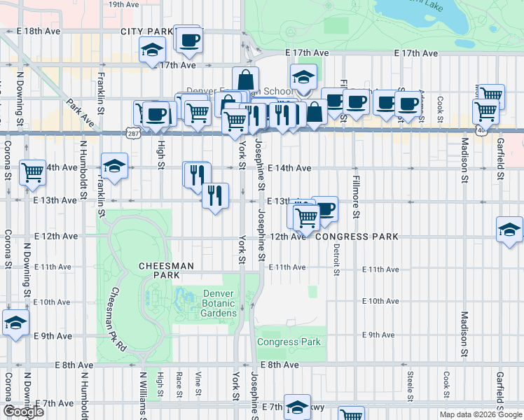 map of restaurants, bars, coffee shops, grocery stores, and more near 1269 Columbine Street in Denver