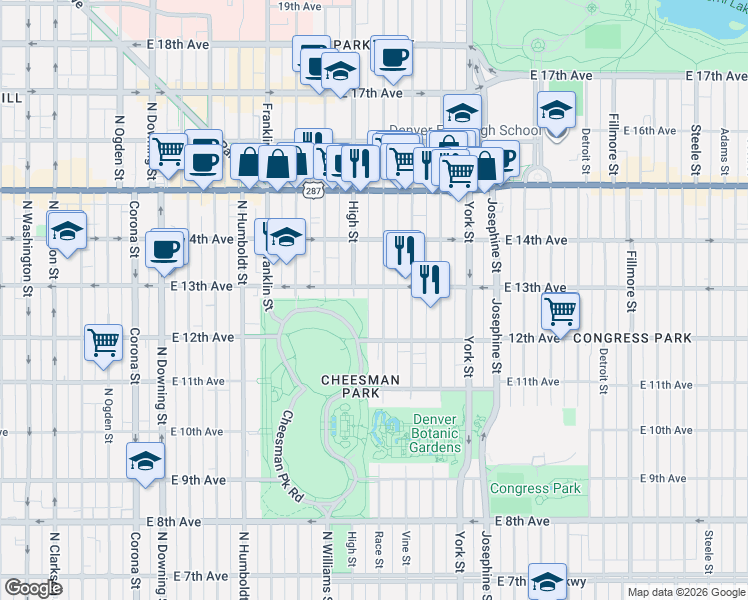 map of restaurants, bars, coffee shops, grocery stores, and more near 1920 East 13th Avenue in Denver