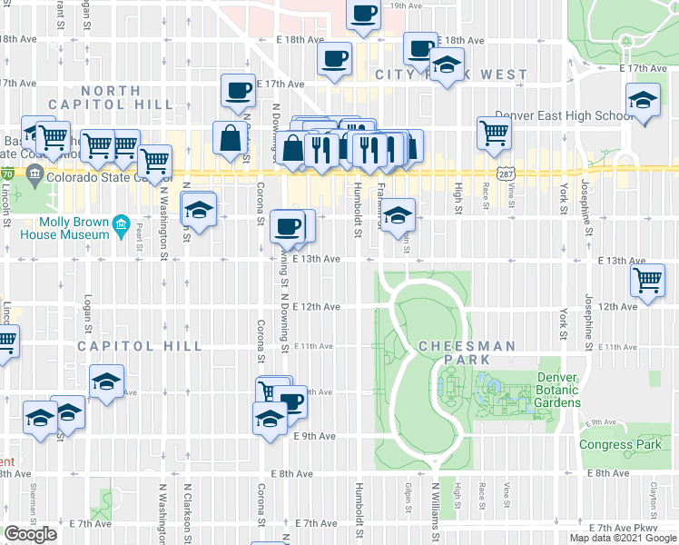 map of restaurants, bars, coffee shops, grocery stores, and more near in Denver