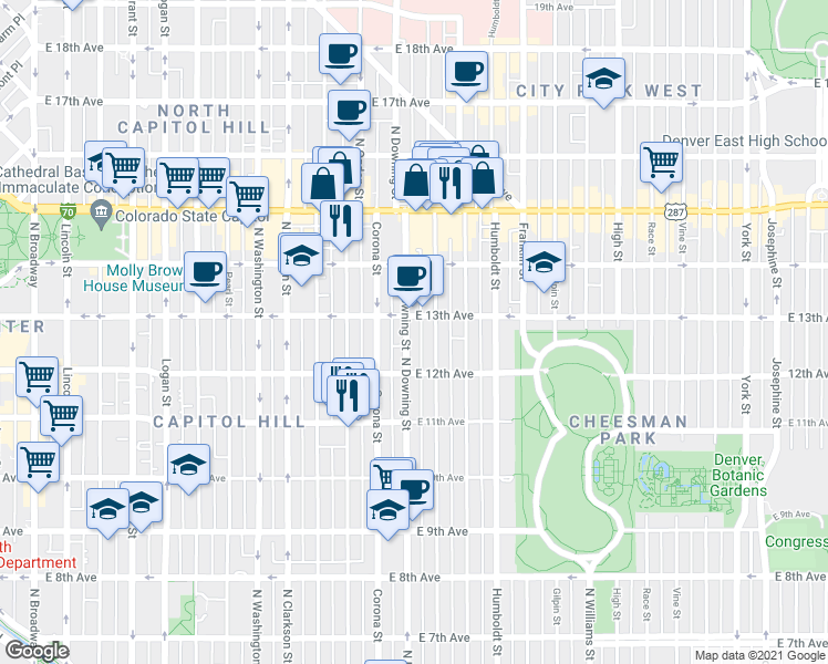 map of restaurants, bars, coffee shops, grocery stores, and more near 1270 North Downing Street in Denver