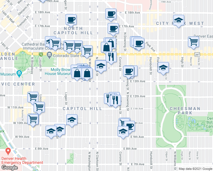 map of restaurants, bars, coffee shops, grocery stores, and more near 1276 Emerson Street in Denver