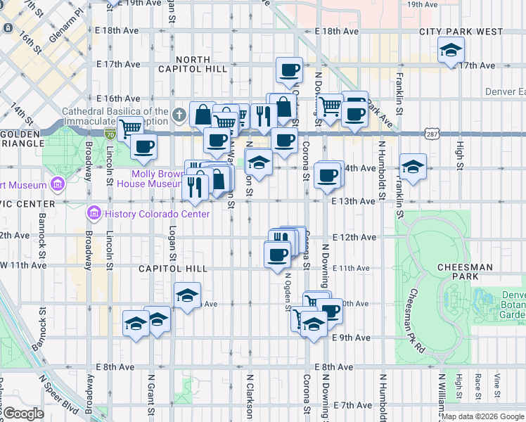 map of restaurants, bars, coffee shops, grocery stores, and more near 1265 Emerson Street in Denver