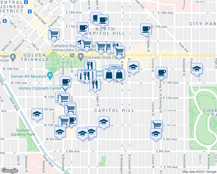 map of restaurants, bars, coffee shops, grocery stores, and more near 1272 Pennsylvania Street in Denver