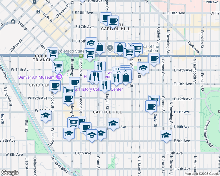 map of restaurants, bars, coffee shops, grocery stores, and more near 1250 Logan Street in Denver