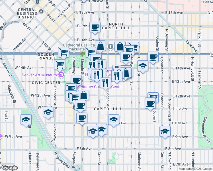 map of restaurants, bars, coffee shops, grocery stores, and more near 1250 Logan Street in Denver