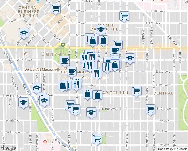 map of restaurants, bars, coffee shops, grocery stores, and more near 1264 Grant Street in Denver