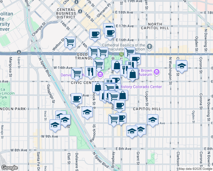 map of restaurants, bars, coffee shops, grocery stores, and more near 1255 Broadway in Denver