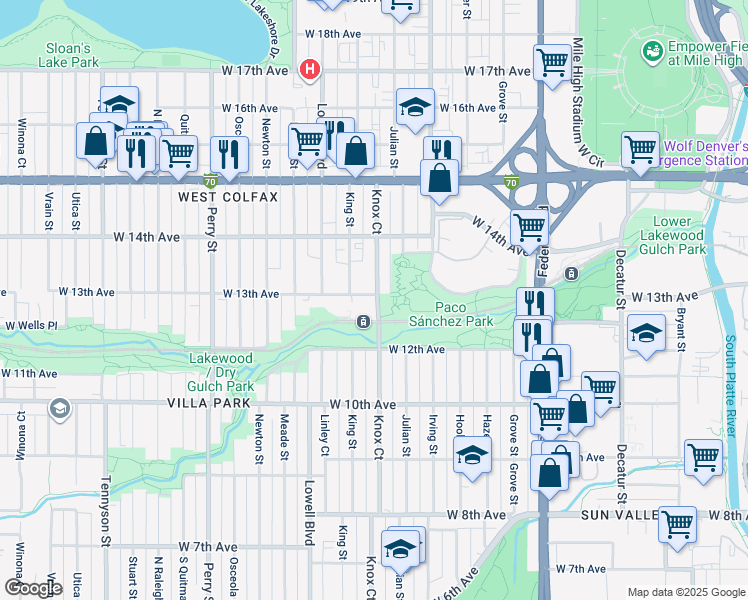 map of restaurants, bars, coffee shops, grocery stores, and more near 3485 West 13th Avenue in Denver
