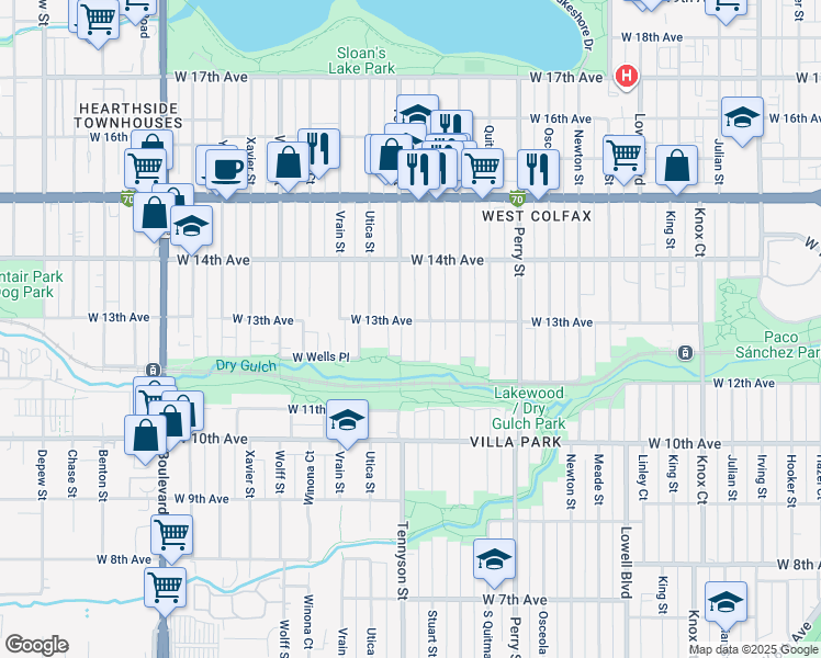map of restaurants, bars, coffee shops, grocery stores, and more near in Denver