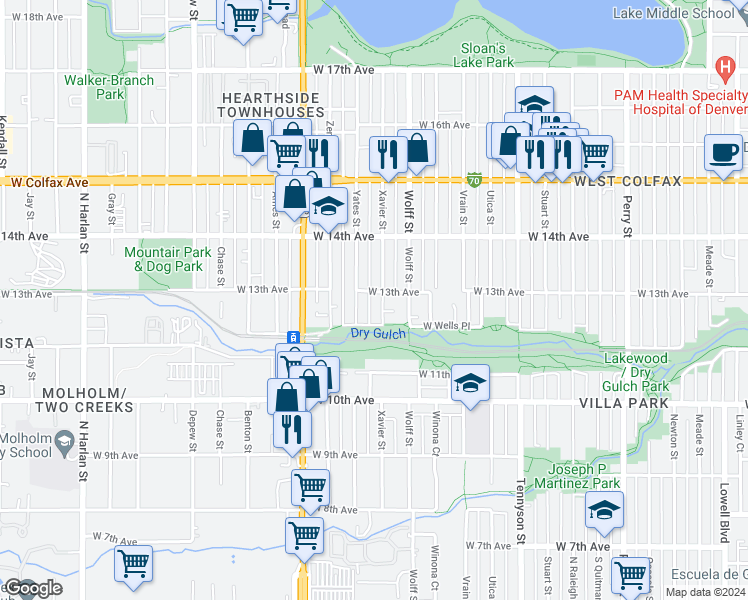 map of restaurants, bars, coffee shops, grocery stores, and more near 4860 West 13th Avenue in Denver