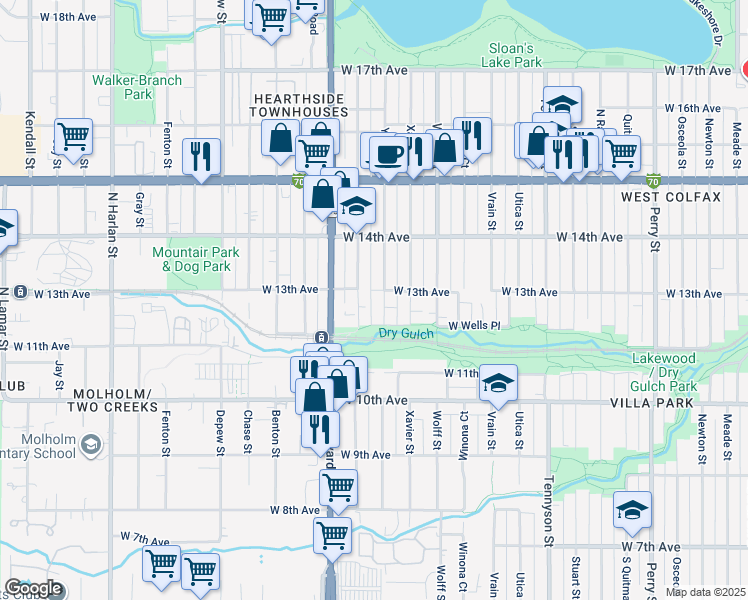 map of restaurants, bars, coffee shops, grocery stores, and more near 1285 Yates Street in Denver