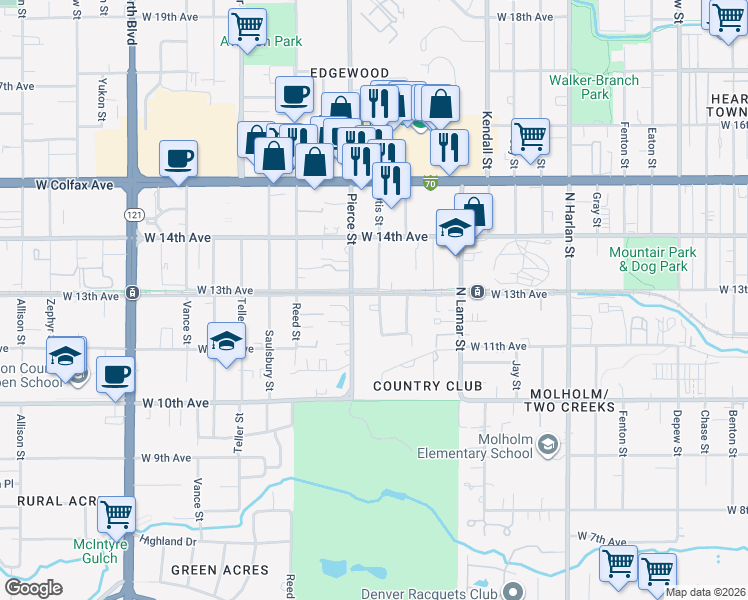 map of restaurants, bars, coffee shops, grocery stores, and more near 1290 Otis Street in Lakewood