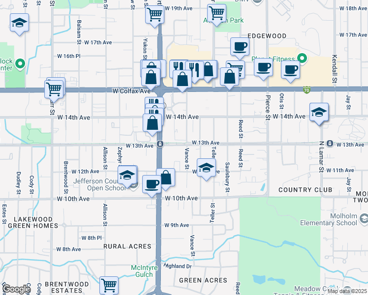 map of restaurants, bars, coffee shops, grocery stores, and more near 7402 West 13th Avenue in Denver