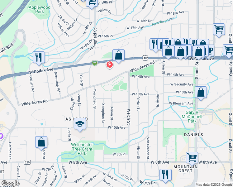 map of restaurants, bars, coffee shops, grocery stores, and more near 1302 Xenon Street in Golden