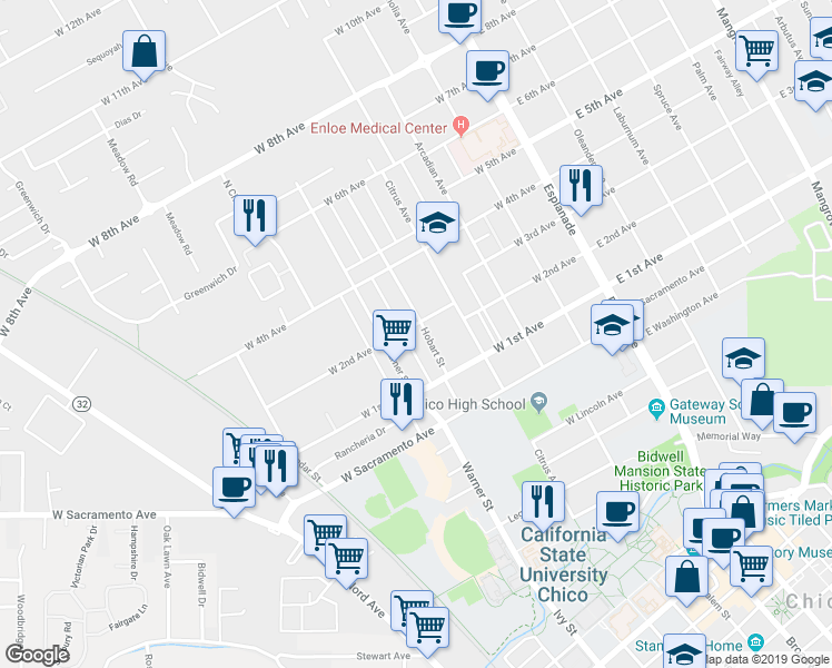map of restaurants, bars, coffee shops, grocery stores, and more near 1170A Hobart Street in Chico