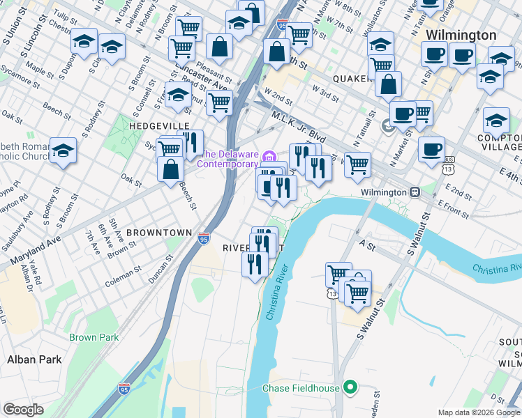map of restaurants, bars, coffee shops, grocery stores, and more near 617 Harlan Boulevard in Wilmington